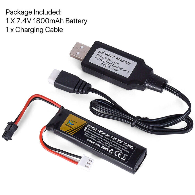 1¡Á 7.4V 1800mAh Rechargeable Lipo Battery USB cable For High Power Water Gun Toy