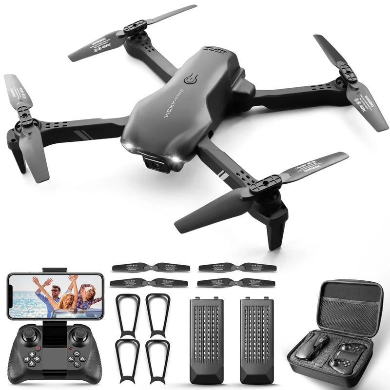 RC drone with 4 propellers, HD camera, remote, batteries, and carrying case