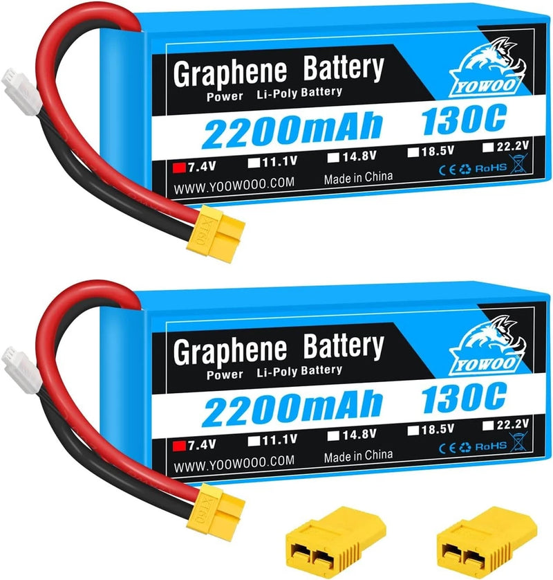 Yowoo 2 Packs 2200mAh 2S 7.4V 130C LiPo Battery with XT60 Plug for RC 1 16 E