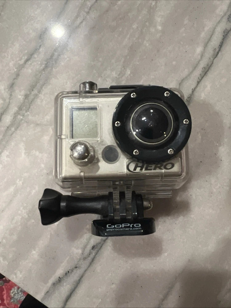 GoPro HERO2 action camera in clear waterproof housing with black lens and mounting bracket