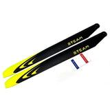 Carbon fiber RC helicopter main blades, black with yellow tips and STEAM decals