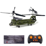 Olive green 3-channel RC military transport helicopter with black tail and remote controller