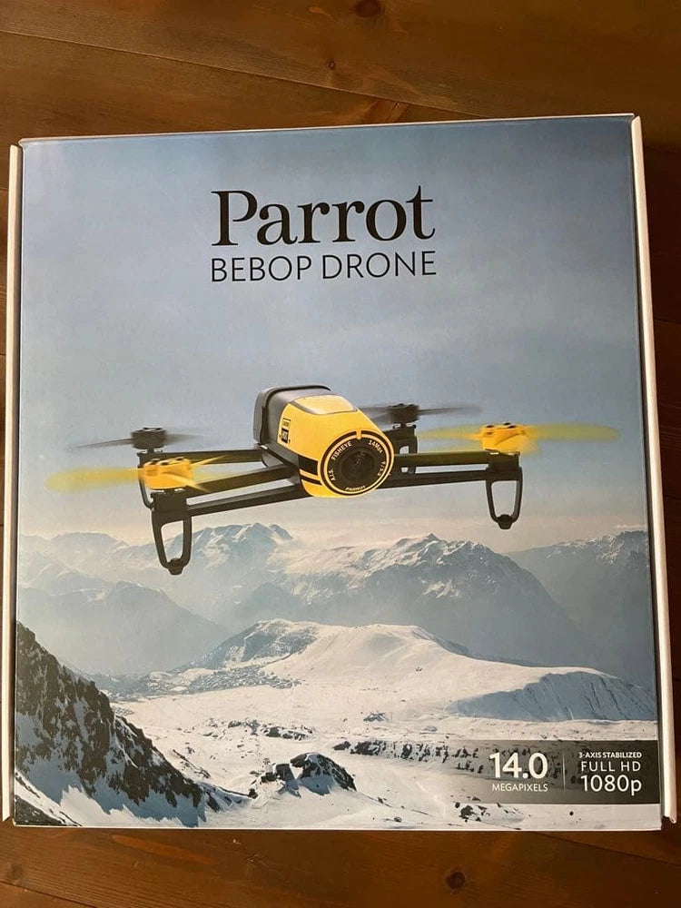 Parrot Bebop drone box with yellow and black quadcopter and camera illustration