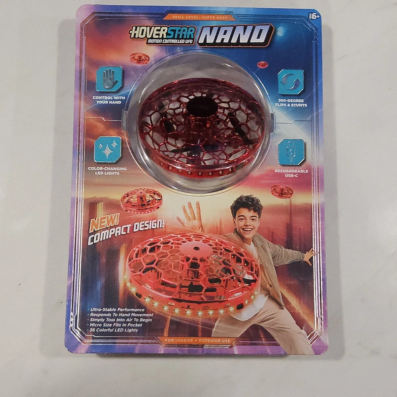 Red mini nano motion drone toy in retail blister package