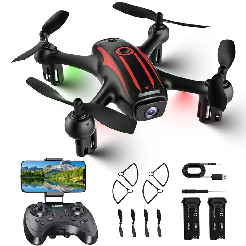 Small black drone with red stripes and front camera, four propellers