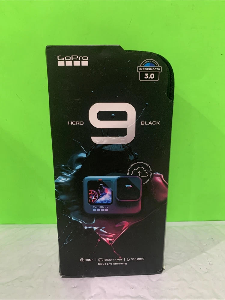 GoPro HERO9 Black action camera retail box with front camera icon and 5K label