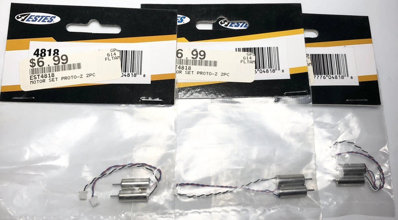 Proto-Z RC motor set with three small silver motors and wire leads, in retail packs
