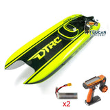 Green and black electric RC speedboat with antenna, with remote transmitter included