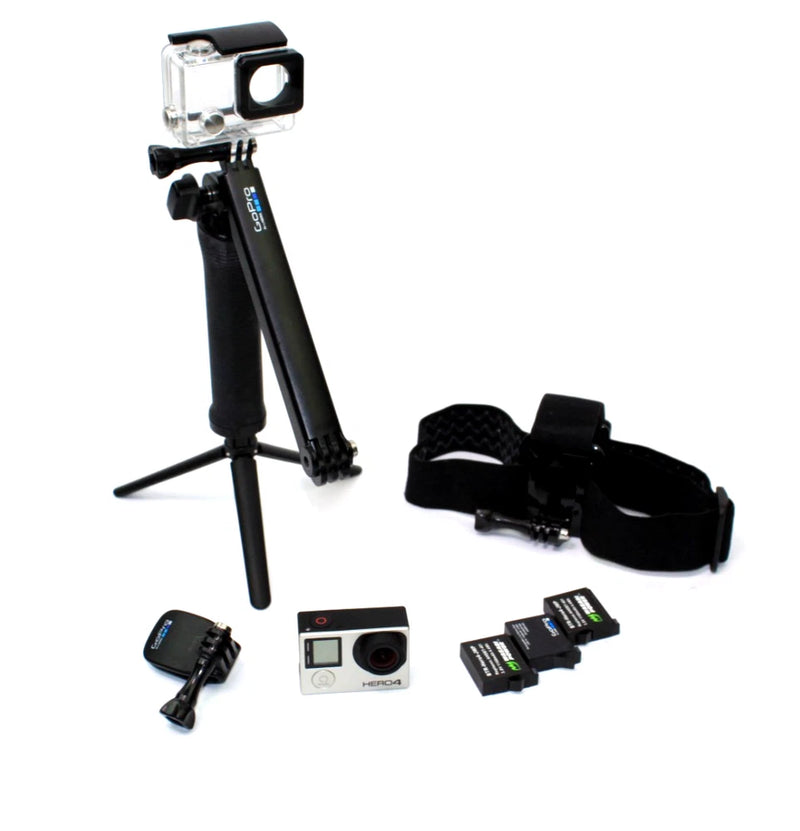 GoPro HERO4 action camera kit with housing, mounts, and head strap