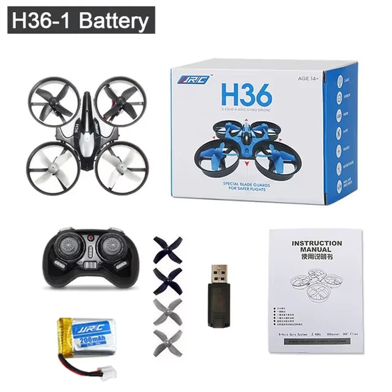 JRC H36 mini quadcopter drone kit with controller, spare battery, USB charger, manual