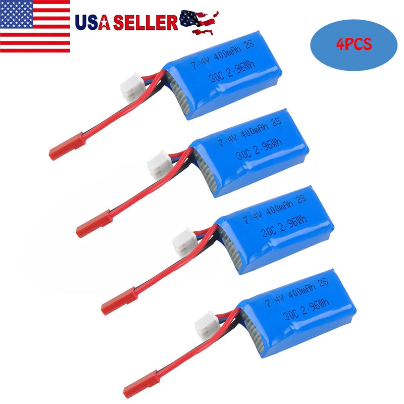 4x 400mAh 7.4V 30C 2S LiPo Battery w/ JST Plug for Micro FPV RC Drone Quadcopter Battery