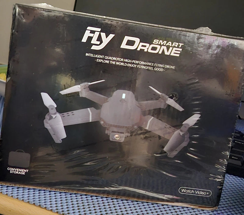 Fly Drone Smart quadcopter drone retail box with four-propeller drone illustration