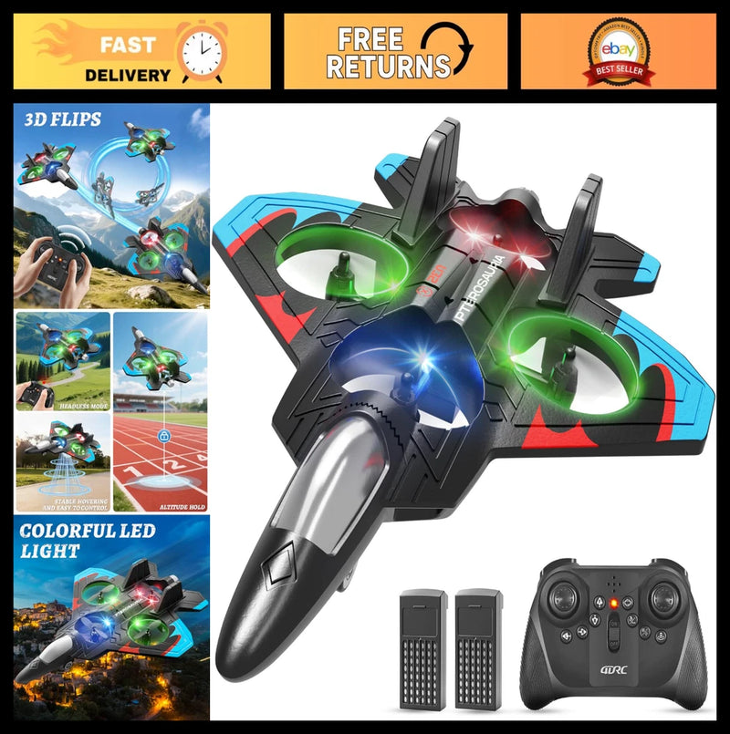 Black and blue foam RC fighter jet drone with colorful LED lights and handheld remote