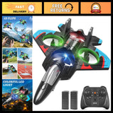 Black and blue foam RC fighter jet drone with colorful LED lights and handheld remote