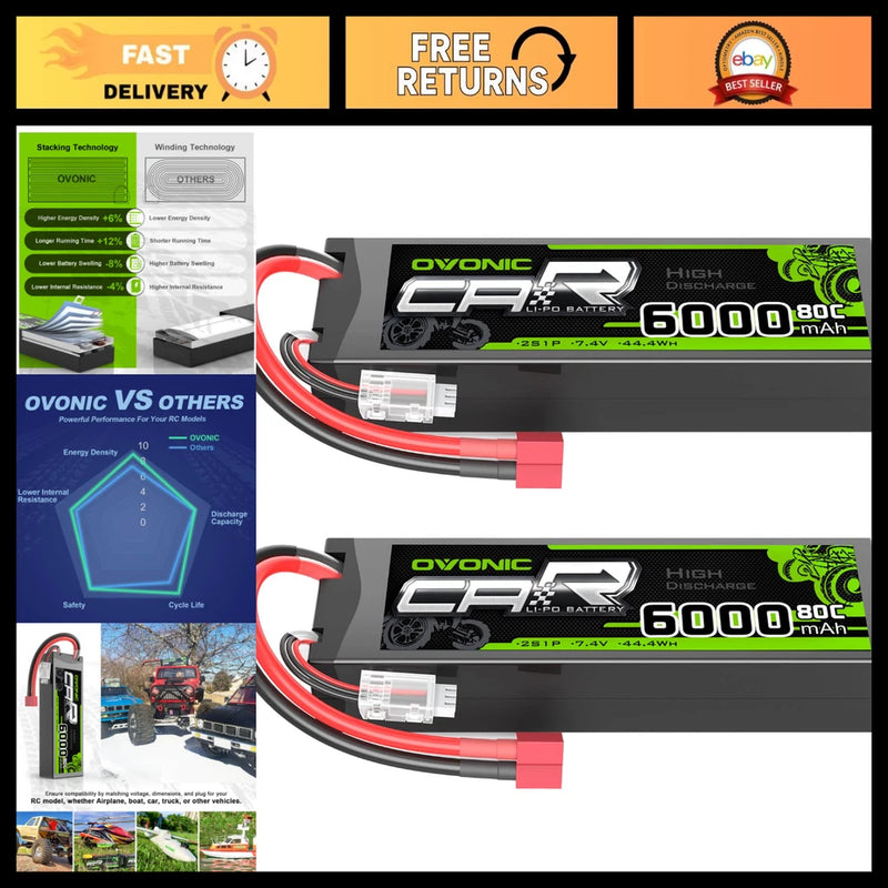 High-Capacity 6000mAh 80C 2S 7.4V Lipo Battery Hardcase with T Connector - 2 Pac Battery