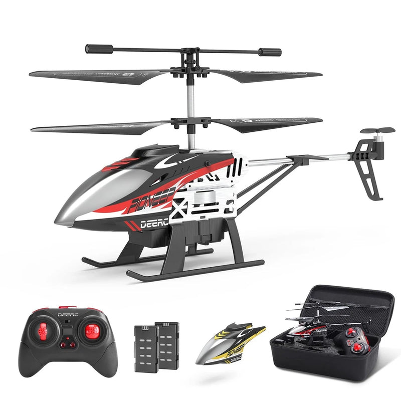 Remote control helicopter with black body, red/white graphics; includes controller and case