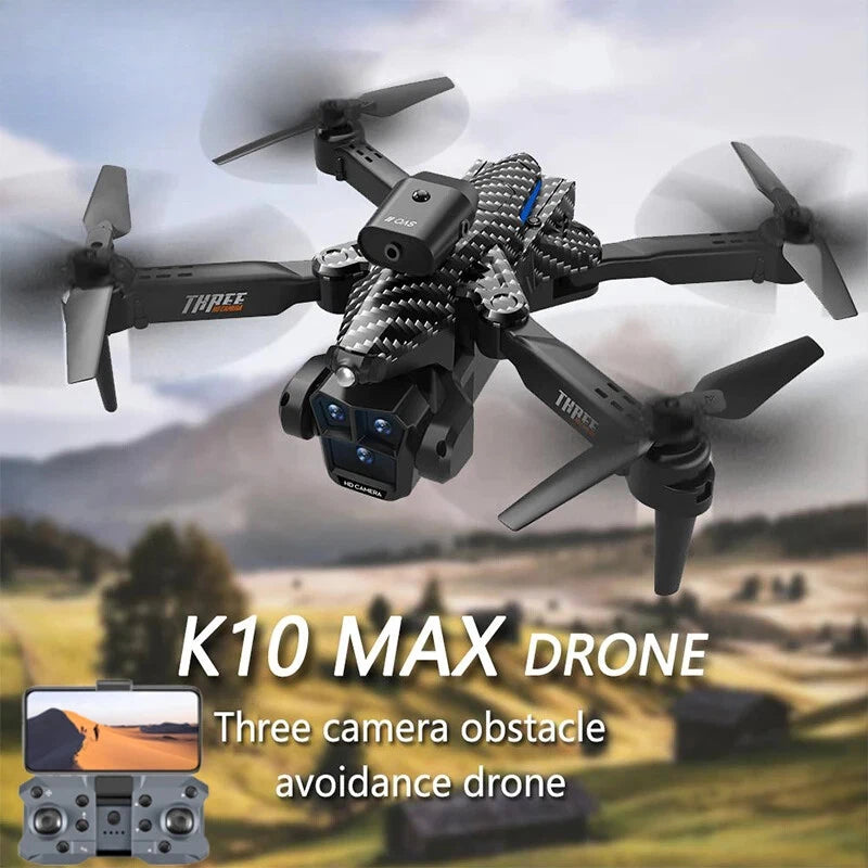 Quadcopter drone with four propellers and dual front cameras