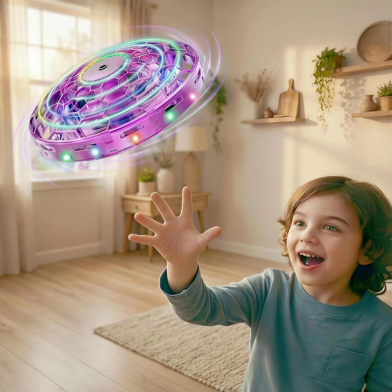 Purple LED UFO hover toy with multicolor lights, UFO dome shape.