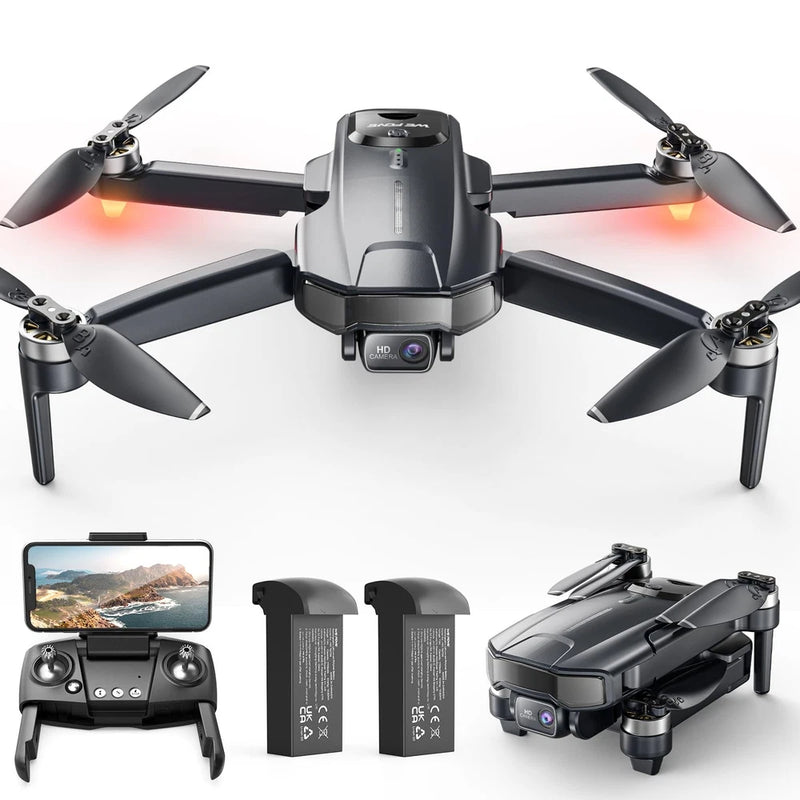 Foldable quadcopter drone with camera, controller screen, two batteries, and propellers