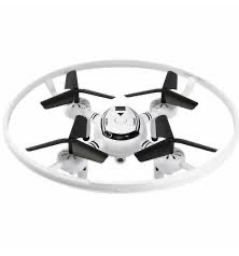 White quadcopter drone with four black propellers and central camera