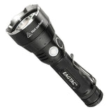EAGTAC tactical flashlight, black body with bezel and side switch, pocket clip and lanyard loop