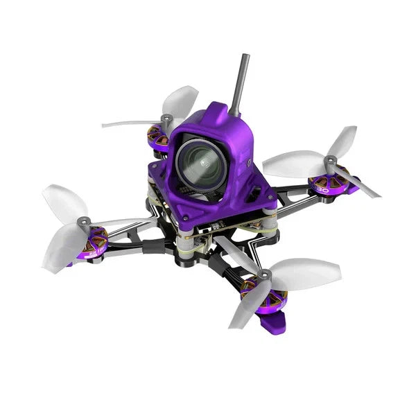 Purple tiny quadcopter drone with camera, four propellers, and antenna mast.