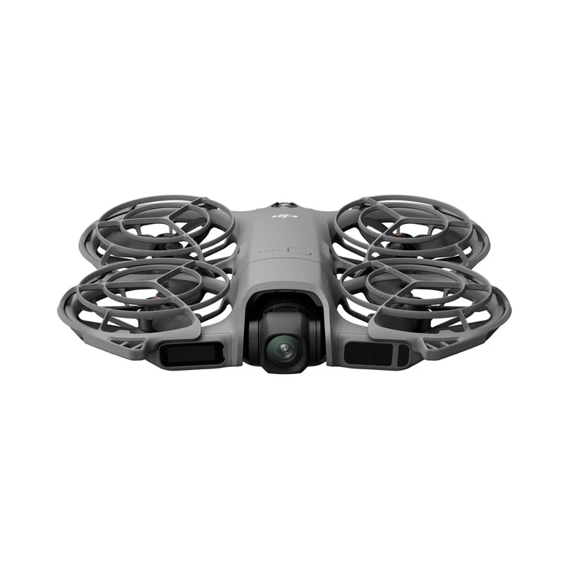 DJI quadcopter drone with camera, gray body and four prop guards