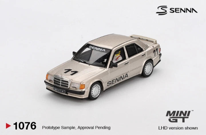 Light gray 1:64 race car model, Mercedes sedan with #11 Senna graphics and front grille