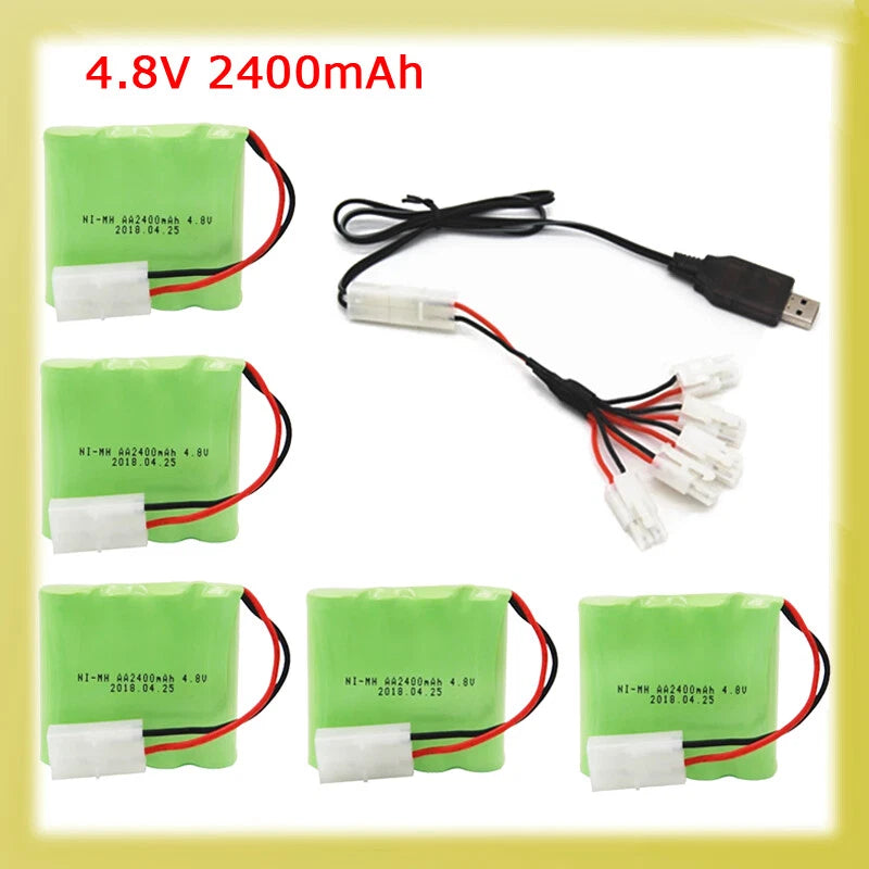 4.8V Ni-MH battery pack set with green packs and black charging cable with leads