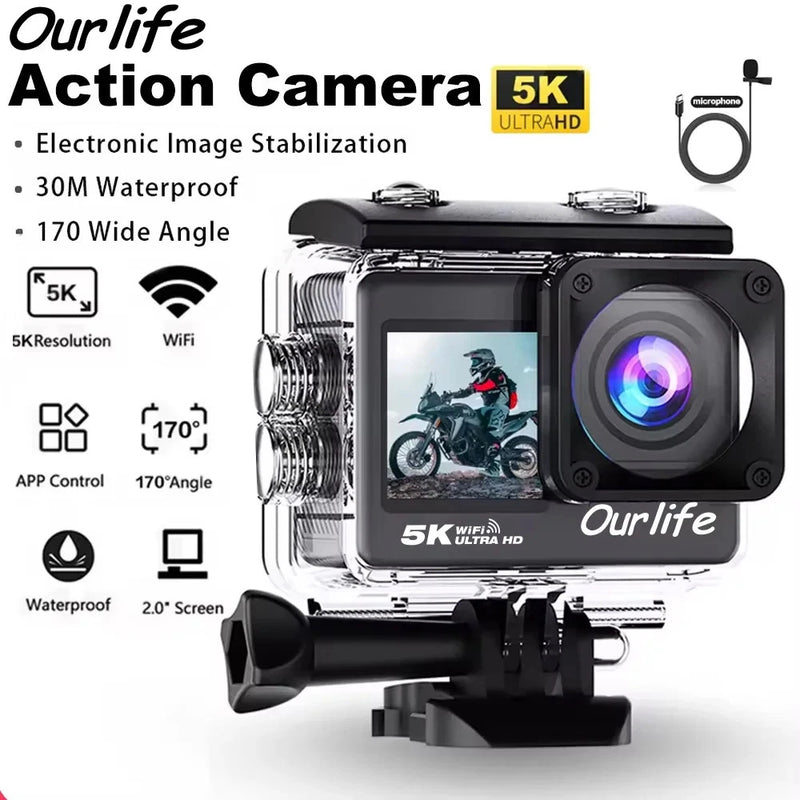Ourlife 5K Action Camera 4K 60FPS 2.0" Touch Screen WiFi 170?? Wide Angle 30M