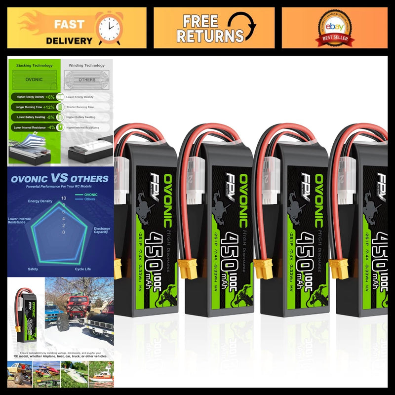 High-Performance 2S 450mAh Lipo Battery 7.4V 100C XT30 Plug for RC Cars, Drones Battery