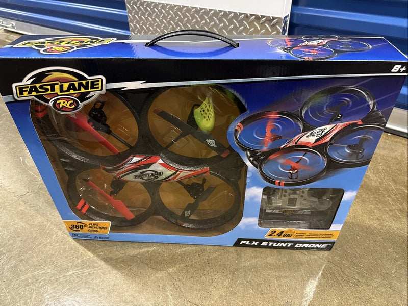Fast Lane RC flex stunt drone in retail box, shows 4-rotor flying design