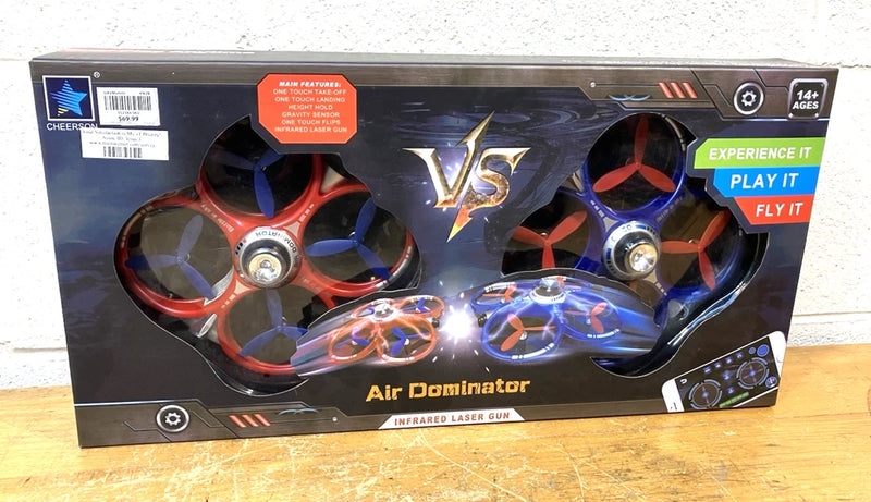 RC quadcopter drone in retail box, four-blade propellers visible
