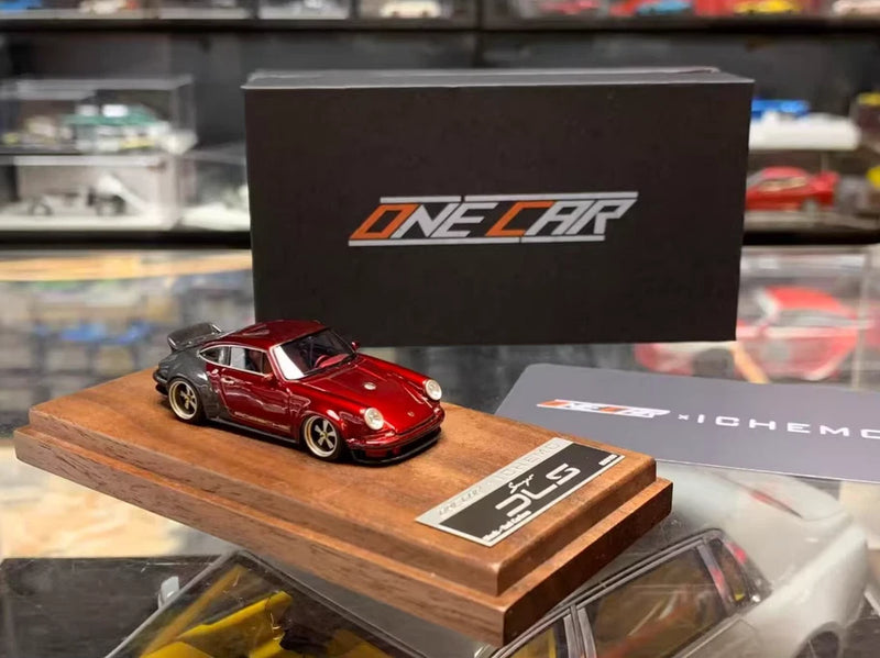Red classic sports car resin model on wooden display base, die-cast style