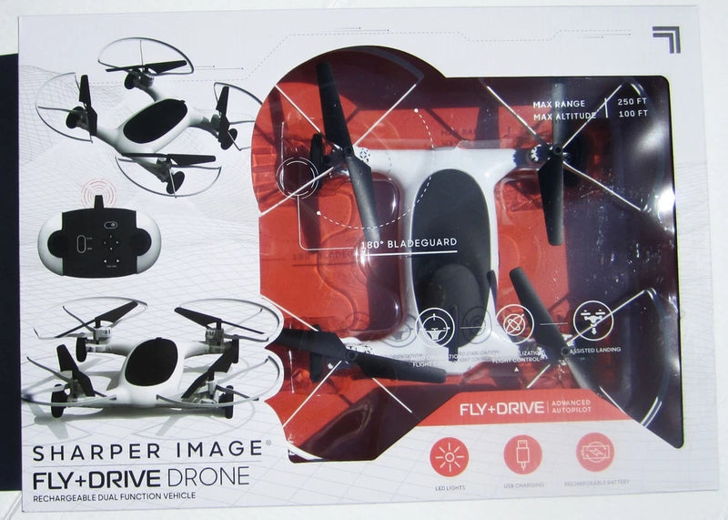 Sharper Image Fly+Drive RC drone set box showing drone and remote controller