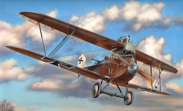 Brown biplane fighter aircraft model with twin wings and landing gear