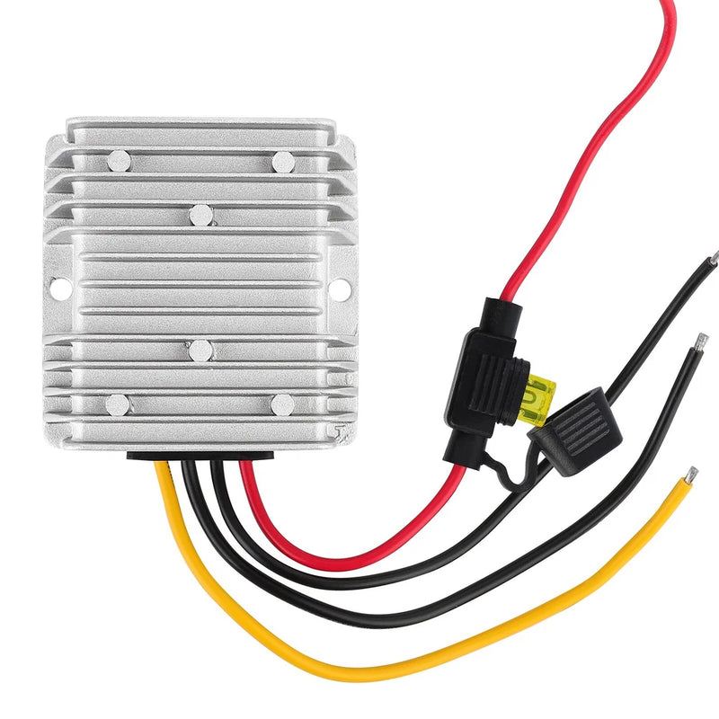 DC step-down voltage converter with fuse, silver heatsink and red/black/yellow wire leads