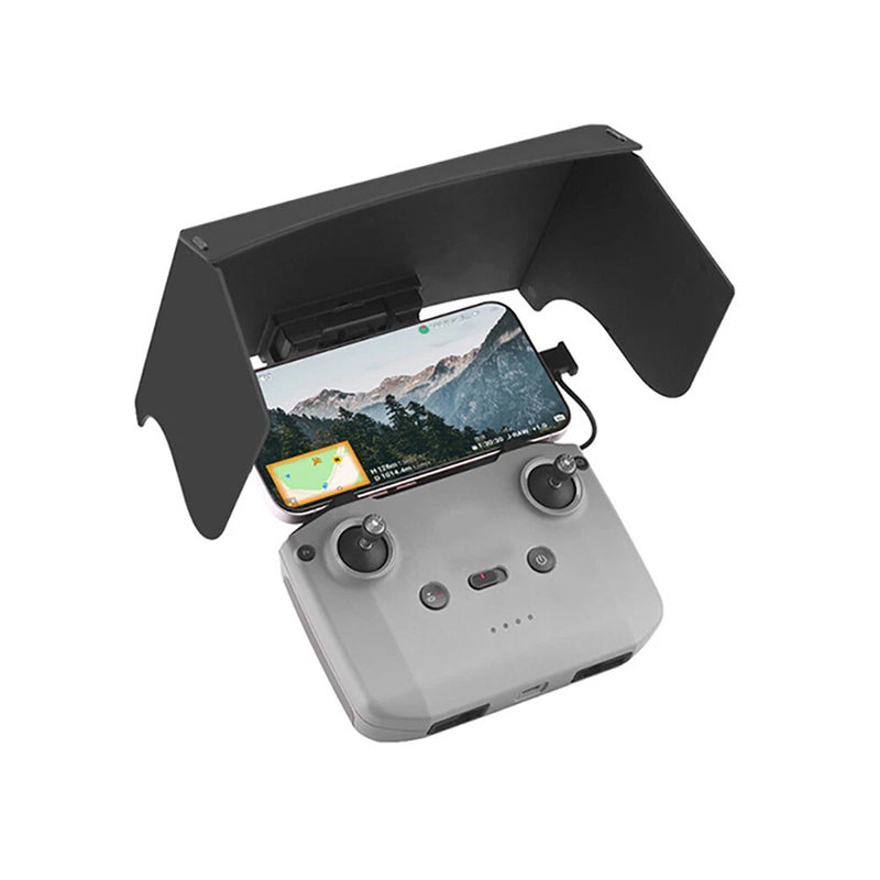 Folding drone phone sunshade hood with mounted smartphone, dark gray