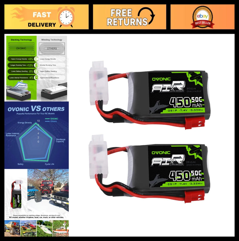High-Performance 2S 450mAh 50C Lipo Battery 7.4V JST Connector for RC Drone, Air Battery
