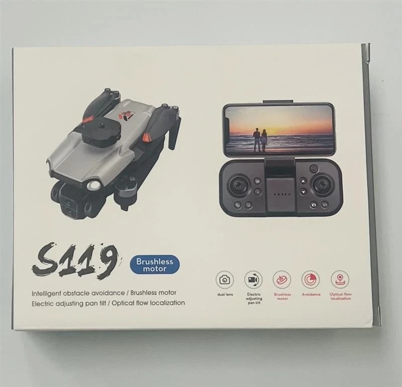 Black dual-lens obstacle-avoidance drone with brushless motor and controller