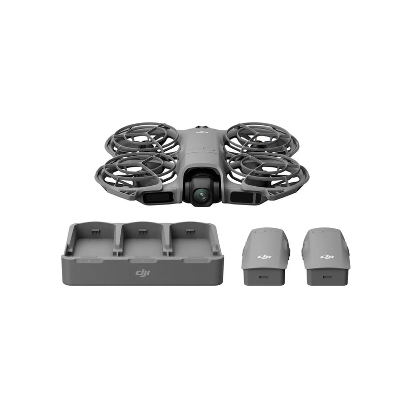 DJI drone with four rotors, three battery packs and charging dock