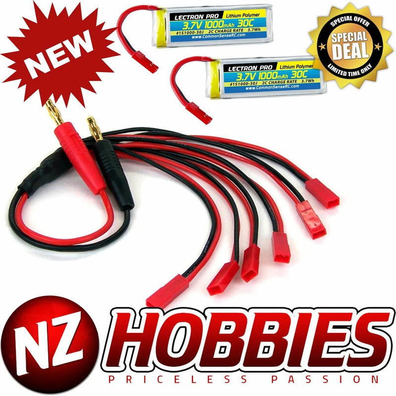 LECTRON 1S 3.7V 1000mAh 30C (2pcs) Lipo Battery w/Parallel Charging Adapter for