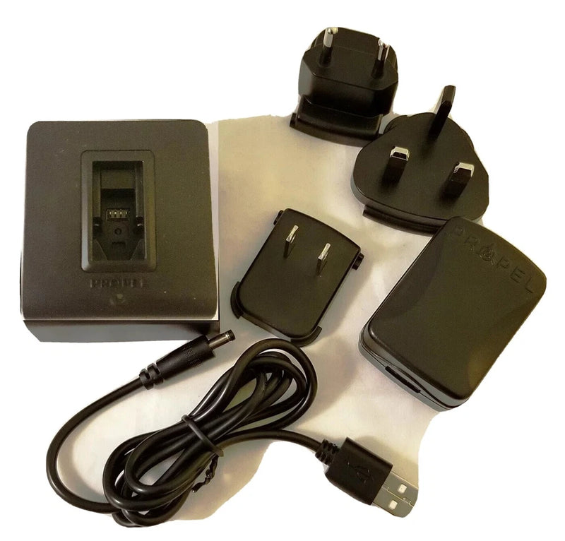 Battery charger cable kit with USB plug, AC adapter, and charger dock