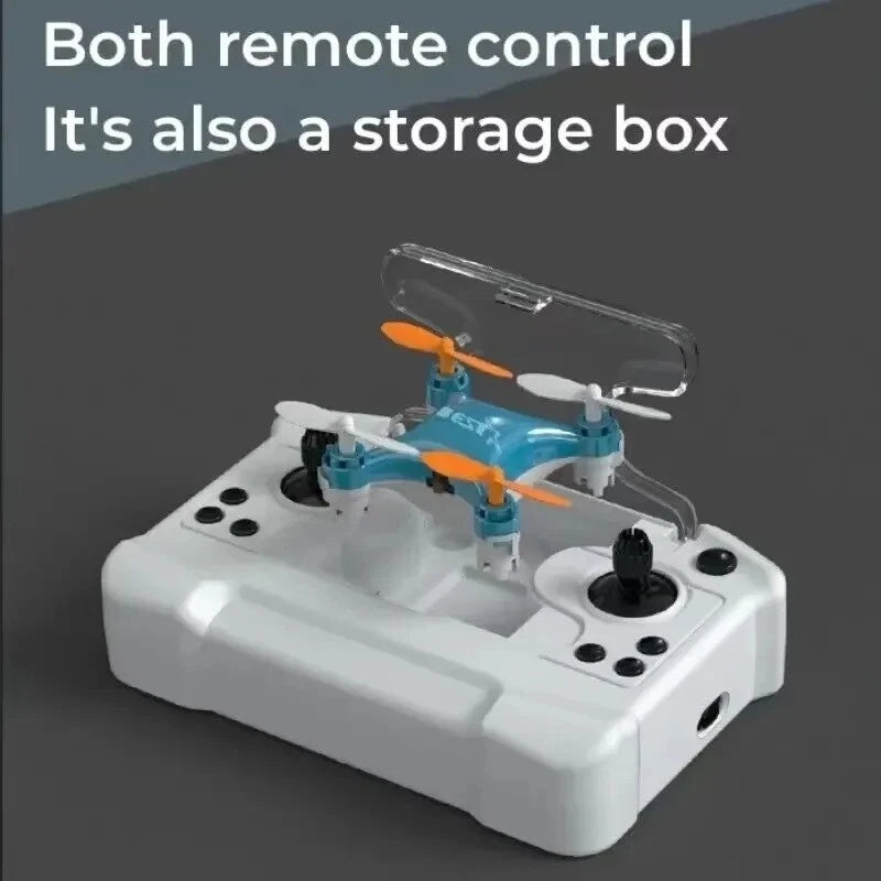 White remote control quadcopter toy with blue-and-orange drone in storage case
