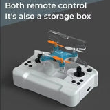 White remote control quadcopter toy with blue-and-orange drone in storage case