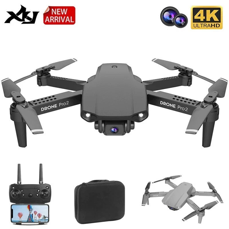 Foldable quadcopter drone with dual cameras, gray body, four propellers