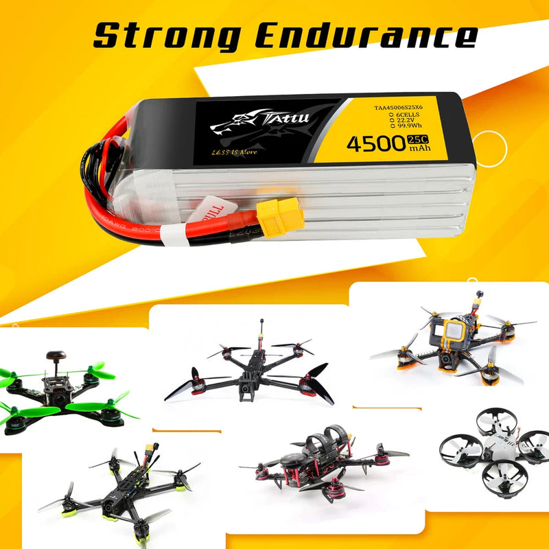Tattu 4500mAh 22.2V 25C 6S Lipo Battery XT60 Plug For 600 size RC Helicopter Jet