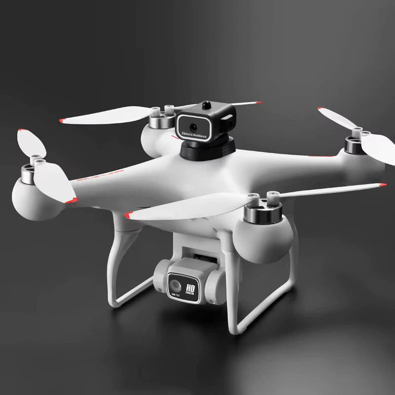 White quadcopter drone with front camera and four propellers