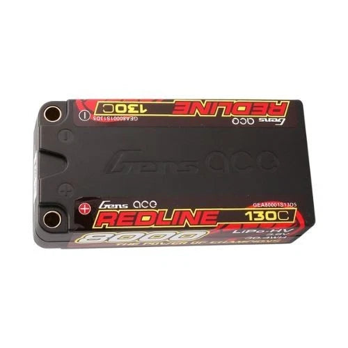 Redline LiPo battery pack with black case, red label, 5.0mm bullet terminals