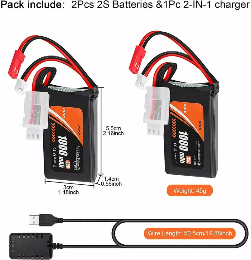 2x 7.4V 1000mAh 35C Lipo Battery for SCX24 90081 C10 1/24 w/ PH2.0 & JST Plug